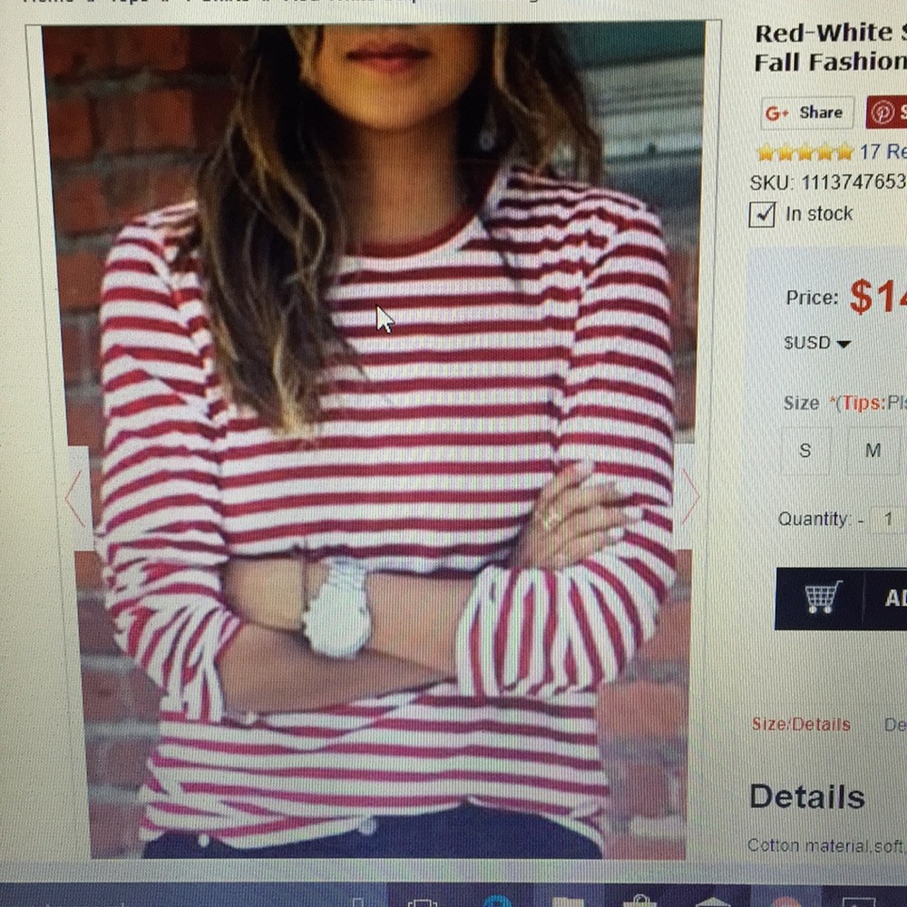 Red and white striped long sleeve round neck shirt